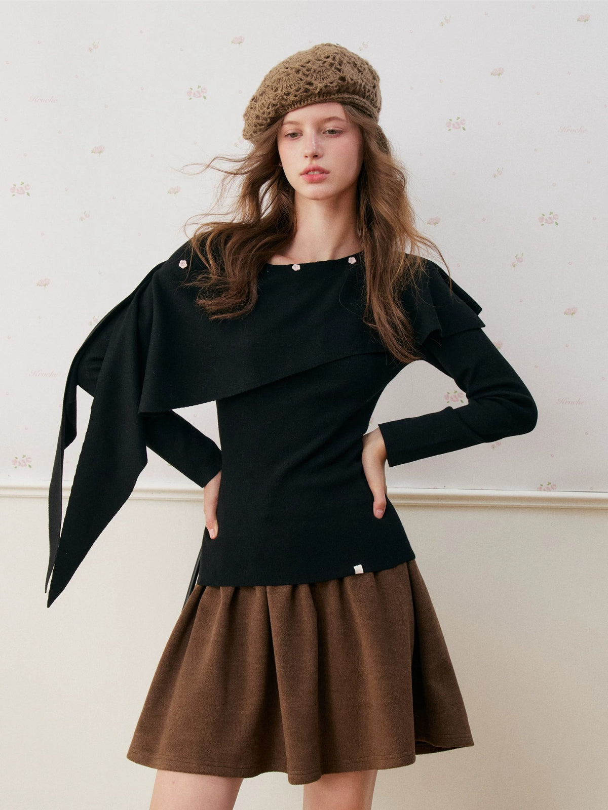 Wool Blend Cape Shoulder Knit Top