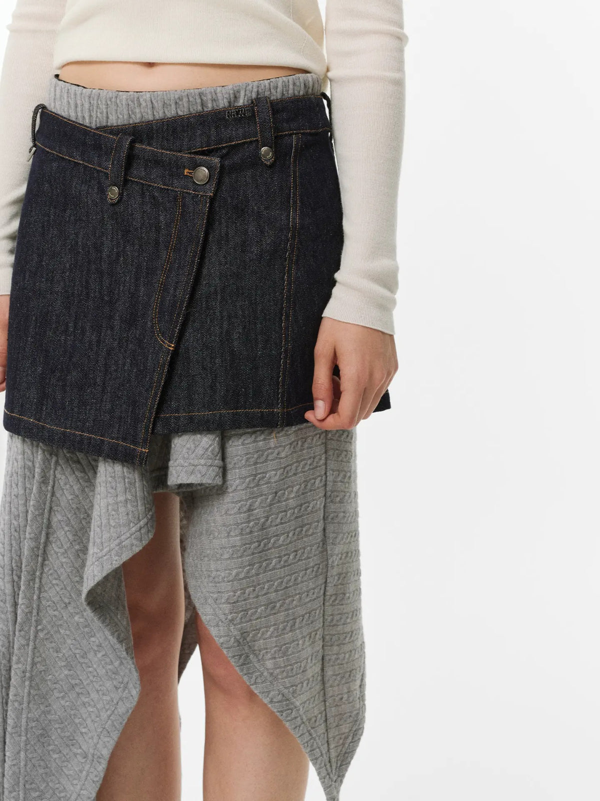 Asymmetric Button Denim Midi Skirt