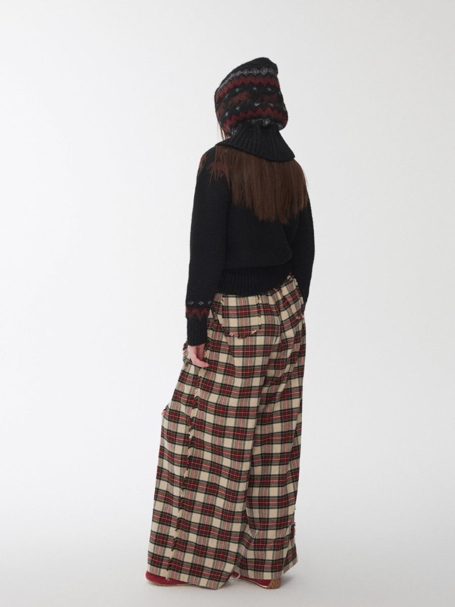 Vintage Red Plaid Brushed Cotton Wide-Leg Pants