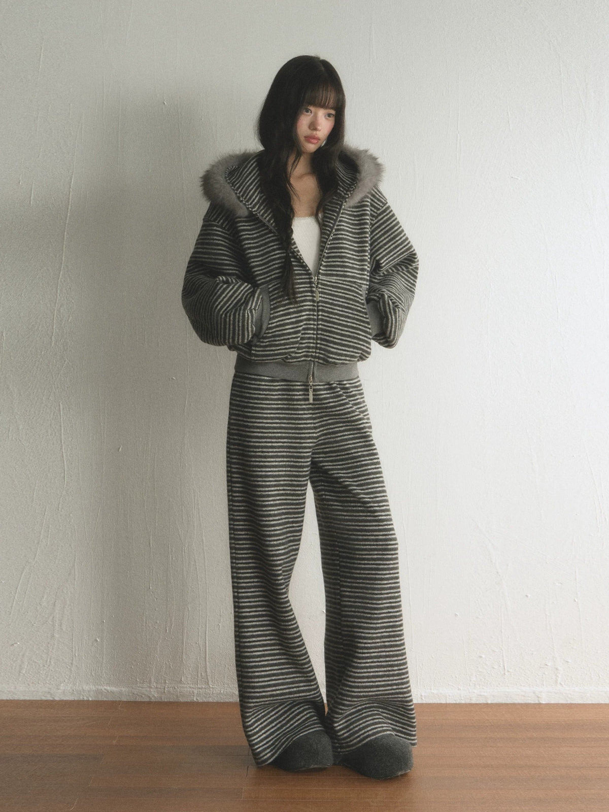Striped Faux Fur Hooded Zip Cardigan