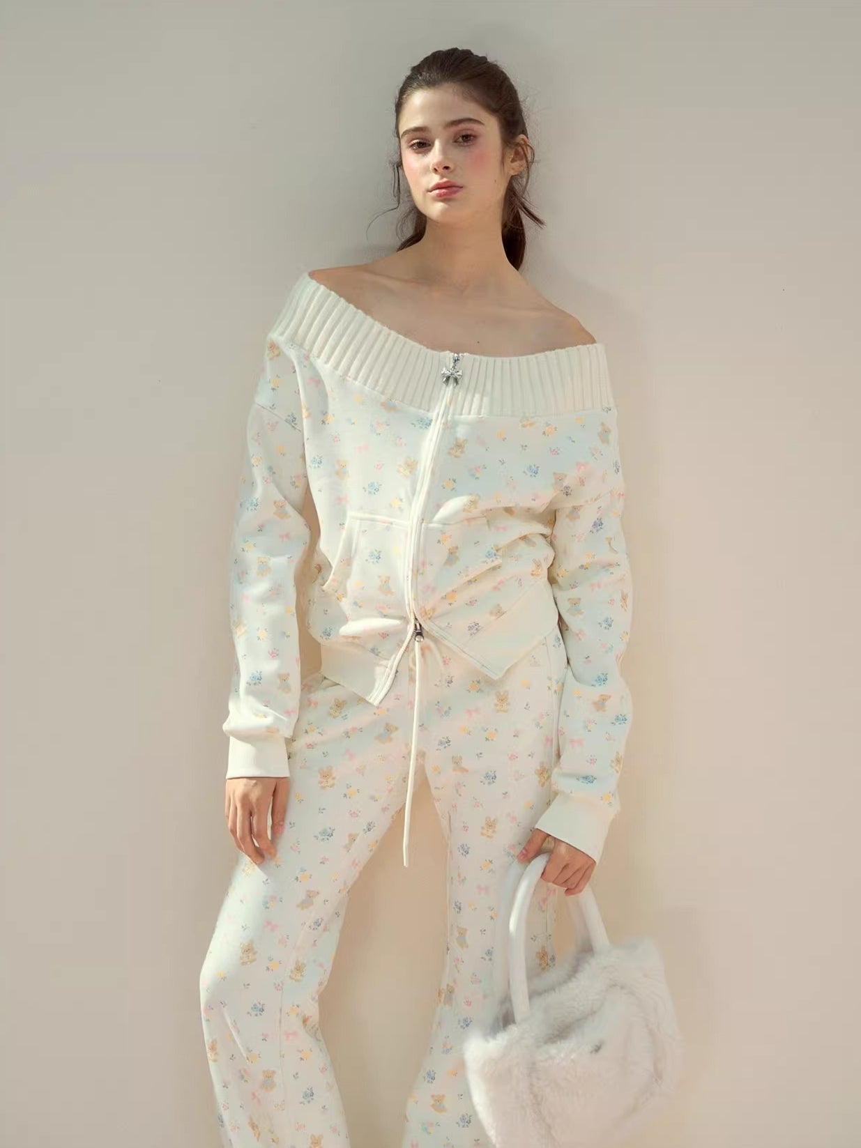 Floral Bear Bunny Off-Shoulder Sweatshirt & Pants Set