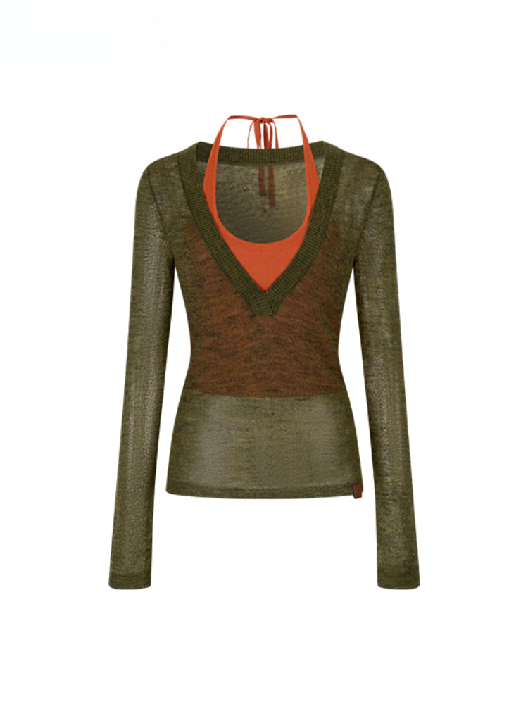 Fake Two-Piece Halter V-Neck Knit Sweater