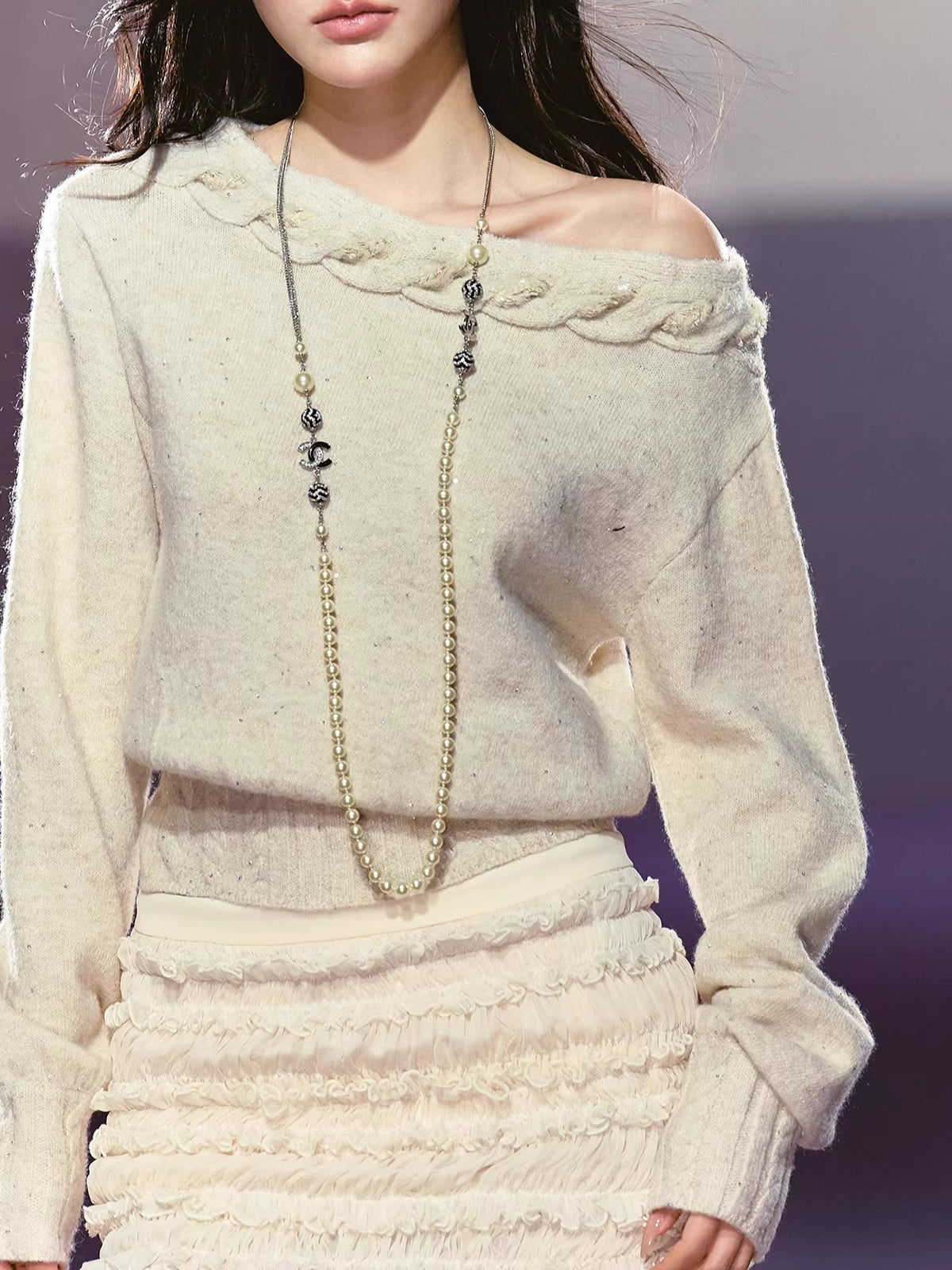 Apricot & Purple Cable Knit Off Shoulder Sweater