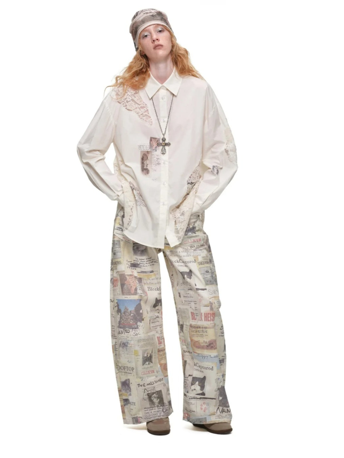 Cat Print Lace Panel Shirt