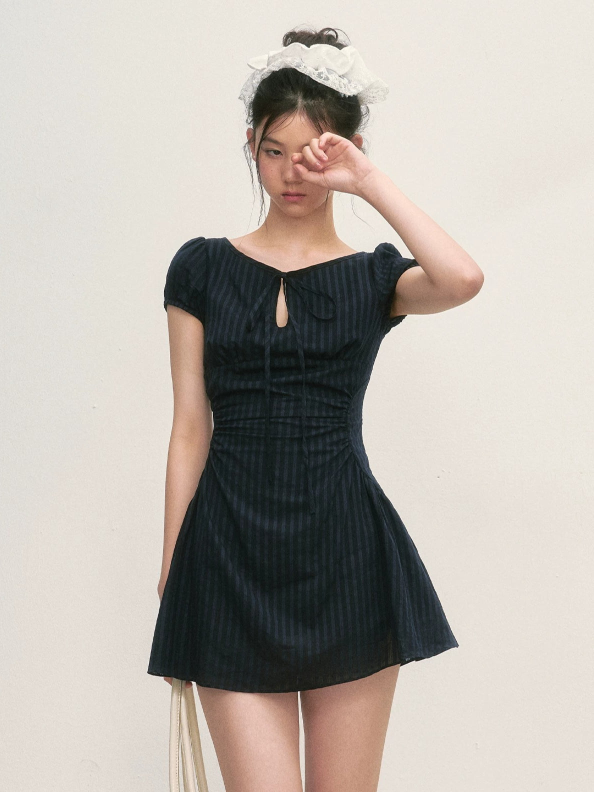 Navy Blue Tie-Waist Puff Mini Dress