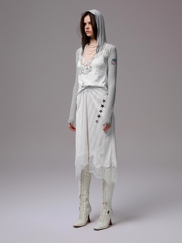 Satin Letter Print Spliced Lace Slip Midi Dress