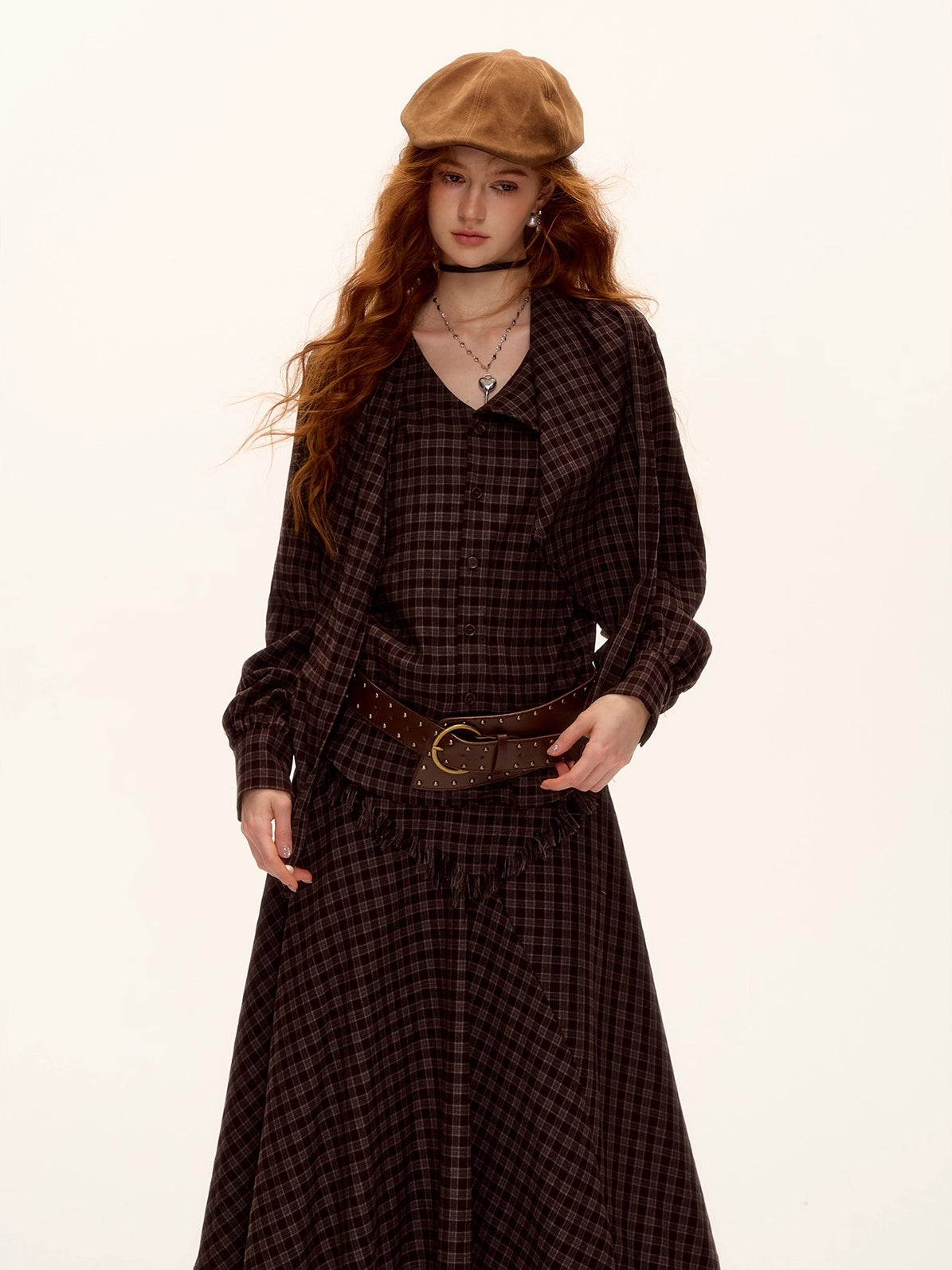 Vintage Plaid Beaded Tie-Scarf Shirt