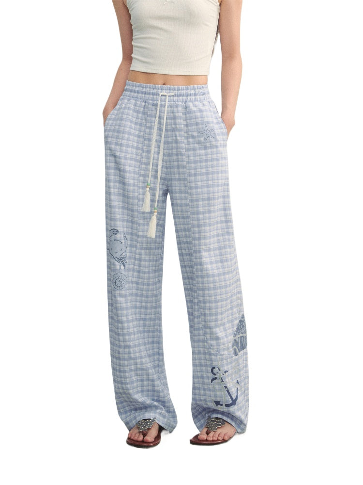 Checkered Print High-Waist Tie Pants