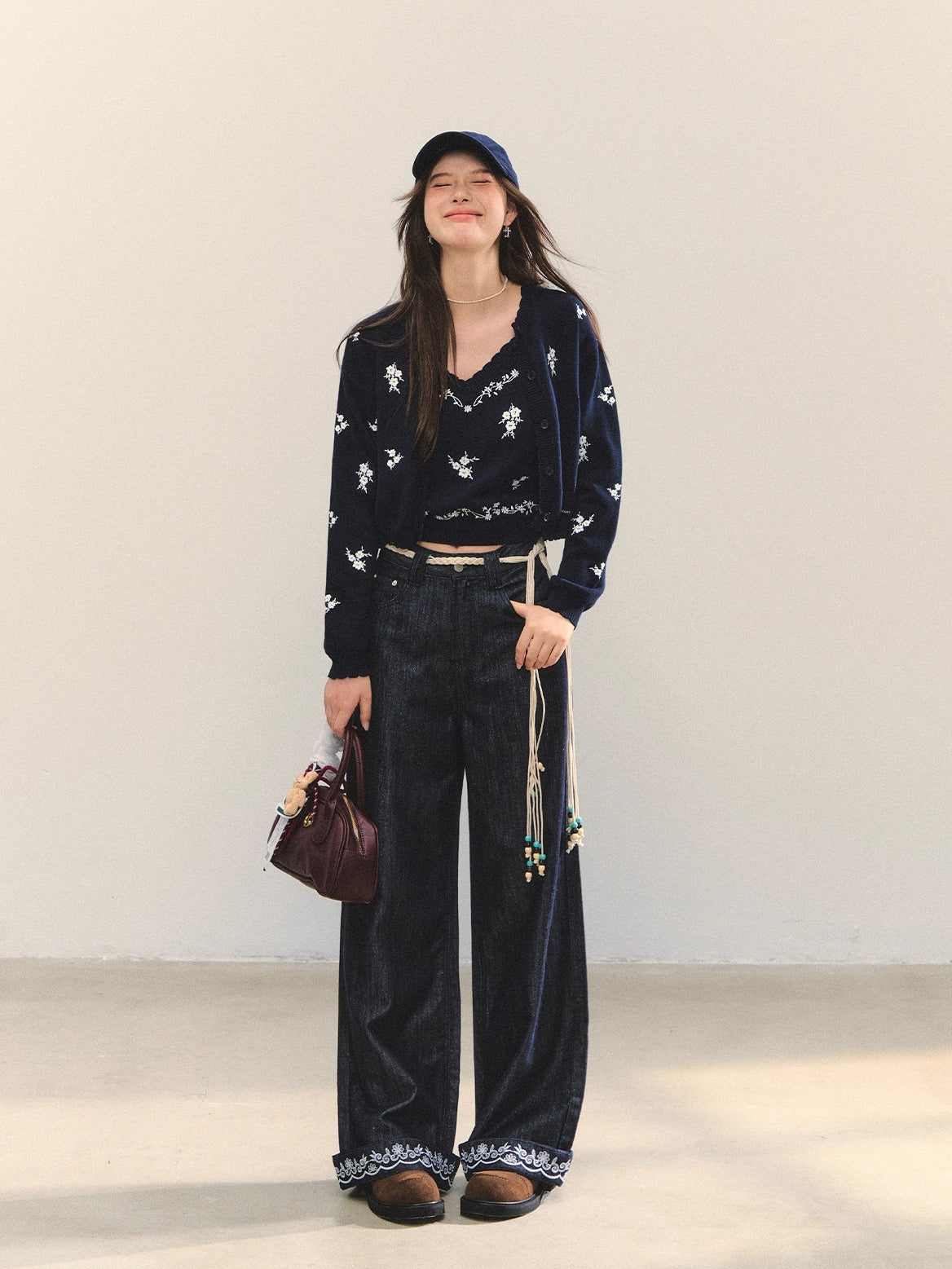 Navy Floral Embroidered Cardigan & Camisole Set