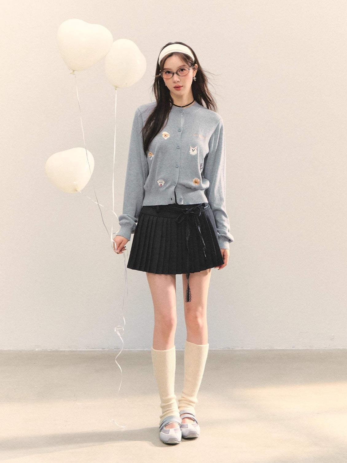 Gray & Apricot Puppy-Embroidered Knit Cardigan