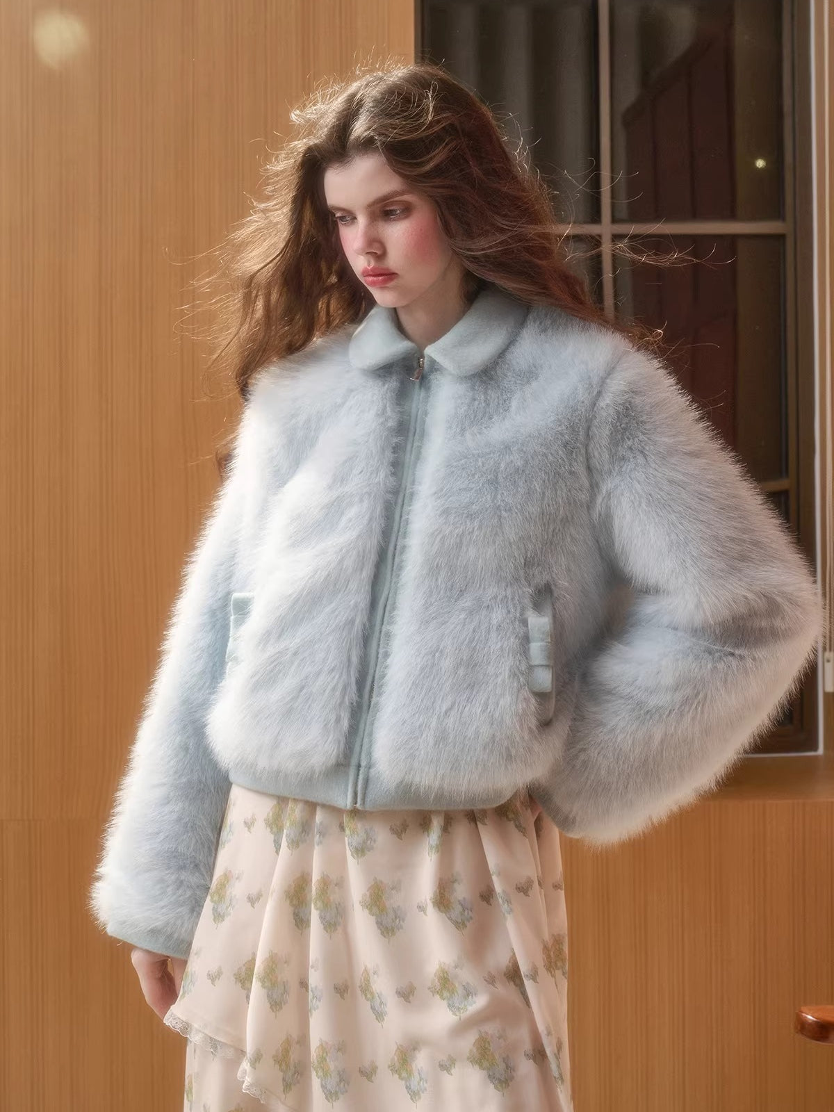 Blue Doll Collar Faux Fur Jacket