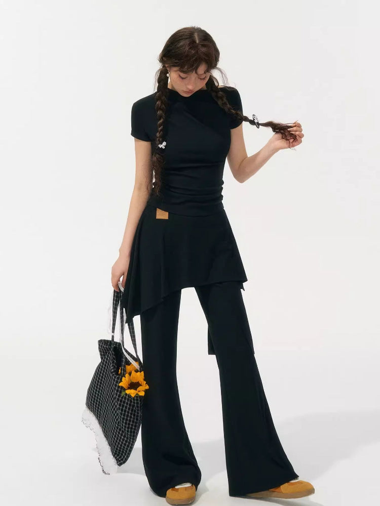 One Shoulder Irregular Slanted Pleat T-shirt & Pants Set