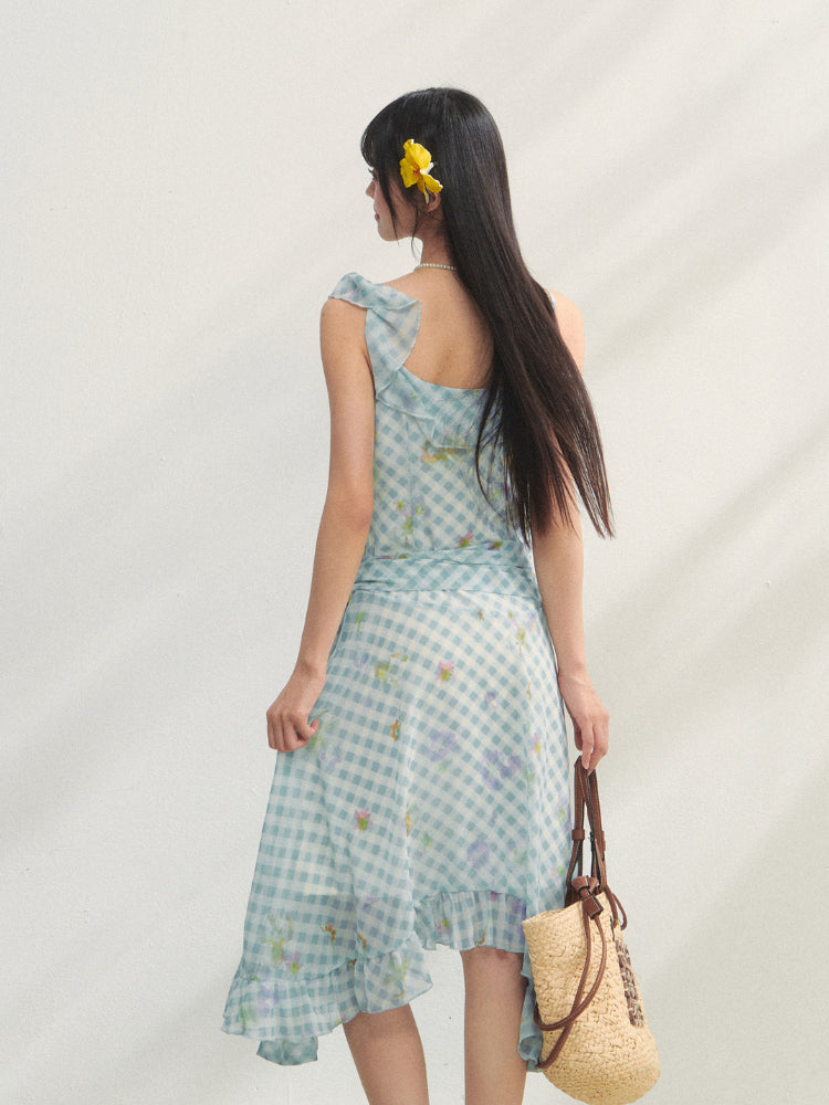 Checkered Print Asymmetrical Slip Dress