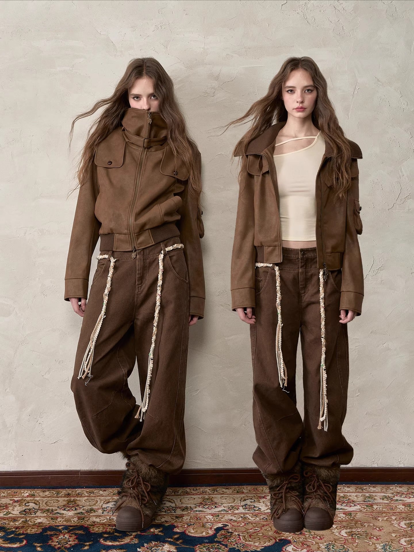 Brown Double-Waistband Straight Pants