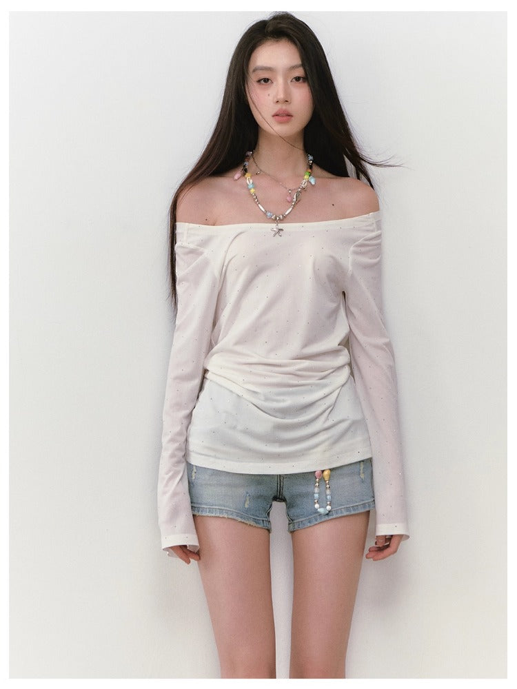 Off-Shoulder Backless Beaded Sun-protection T-shirt