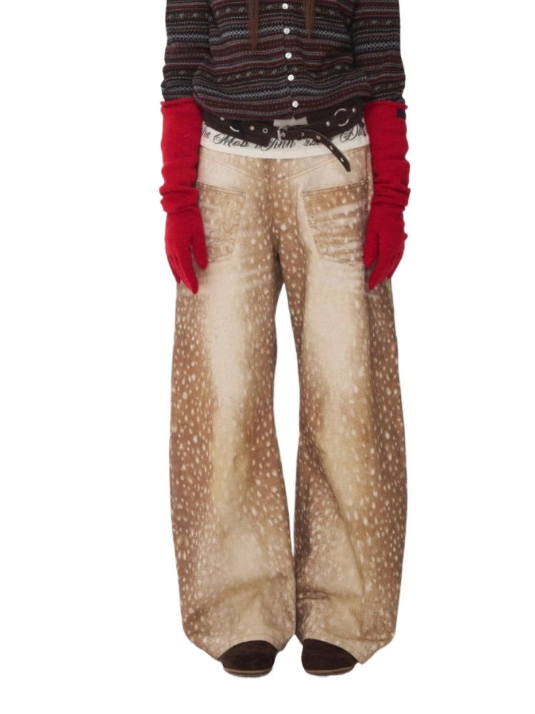 Vintage Deer Print Curved-Leg Canvas Pants