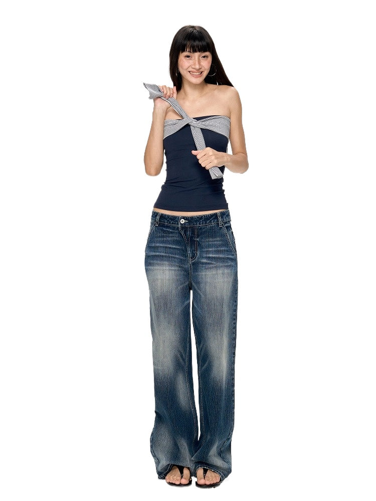 Deep Blue Washed Texture Distressed Denim Jeans