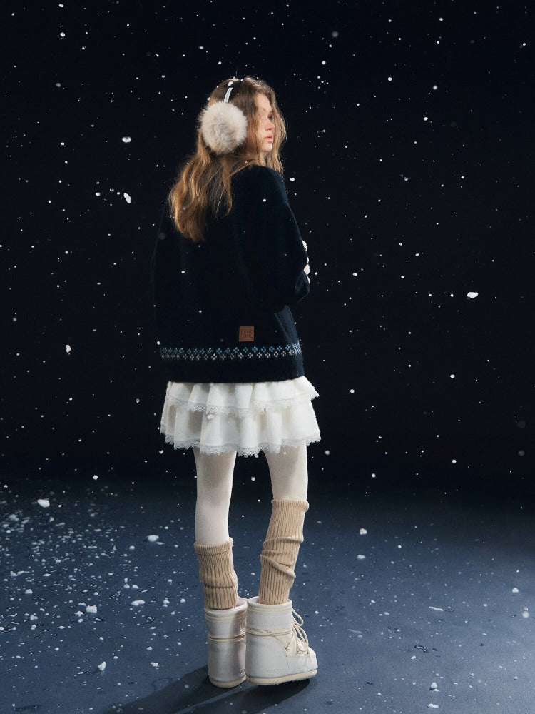 Lace-Panel Velvety Tiered Skirt