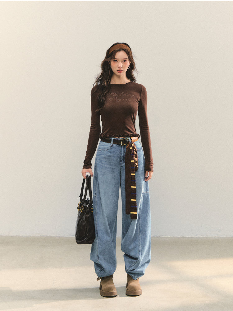 Ruffle Hem and Printed Splicing Cropped T-Shirts
