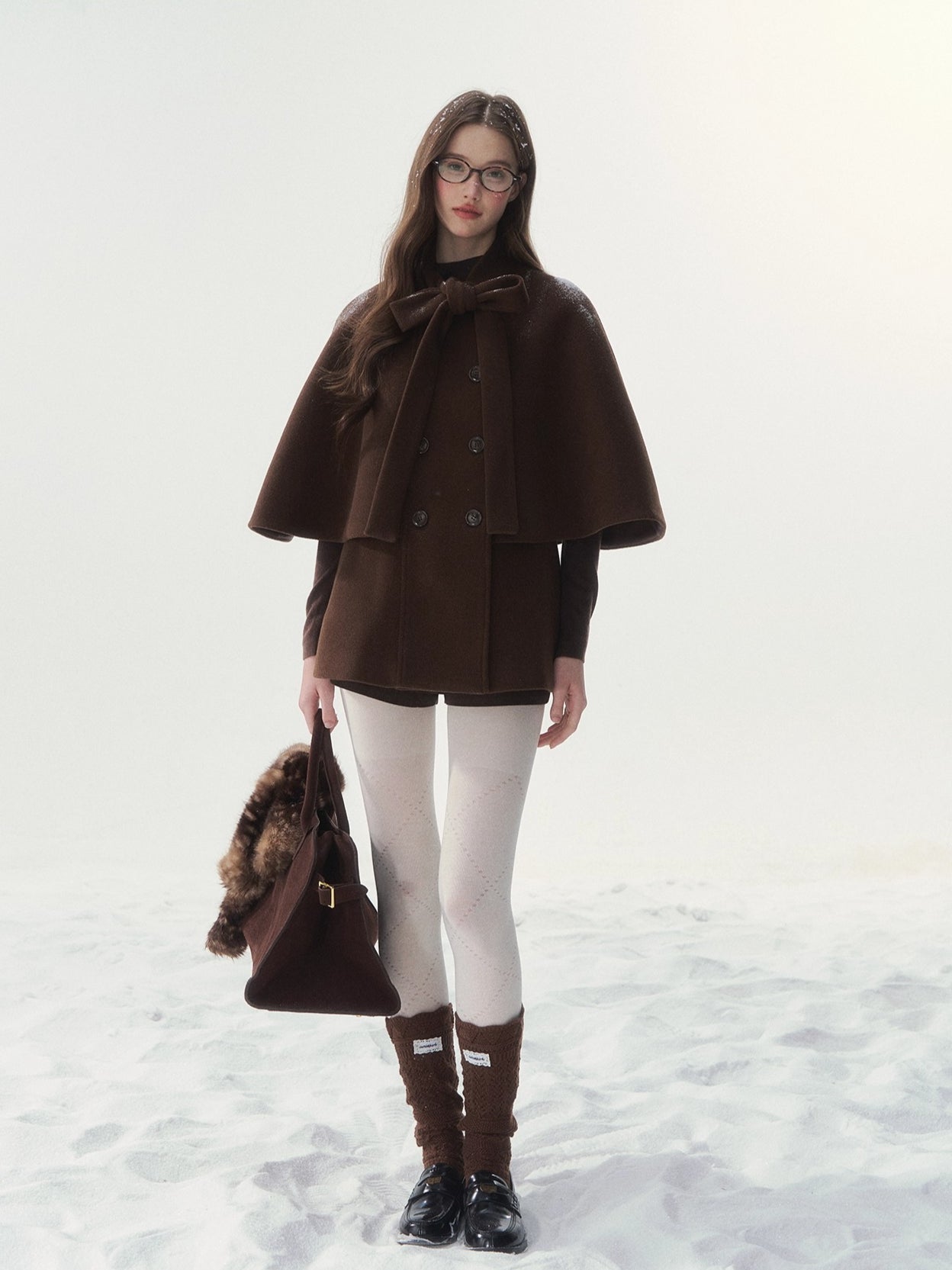 Brown Bow-Tie Double-Breasted Cape Coat