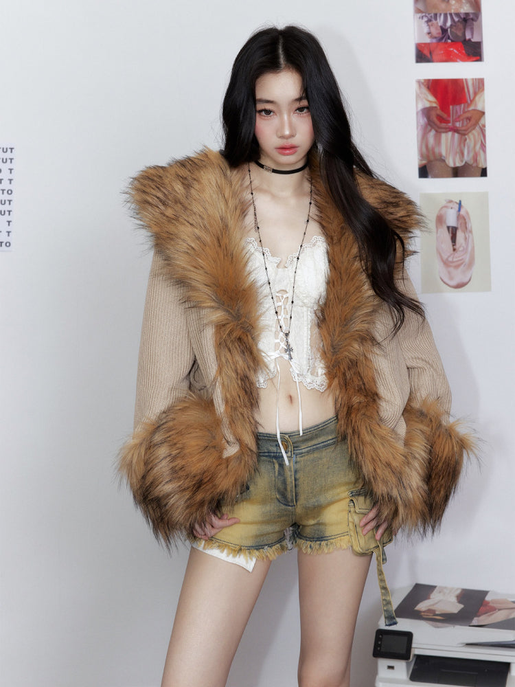 Knitted Fur Thickened Waist-Cinching Coat