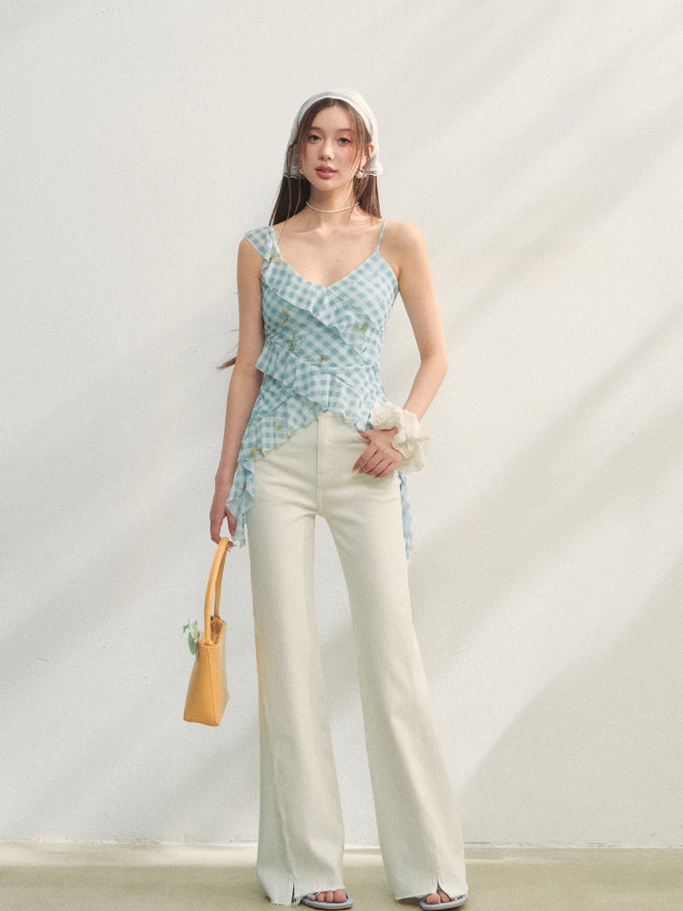 Blue Checkered Ruffled Print Slip Top