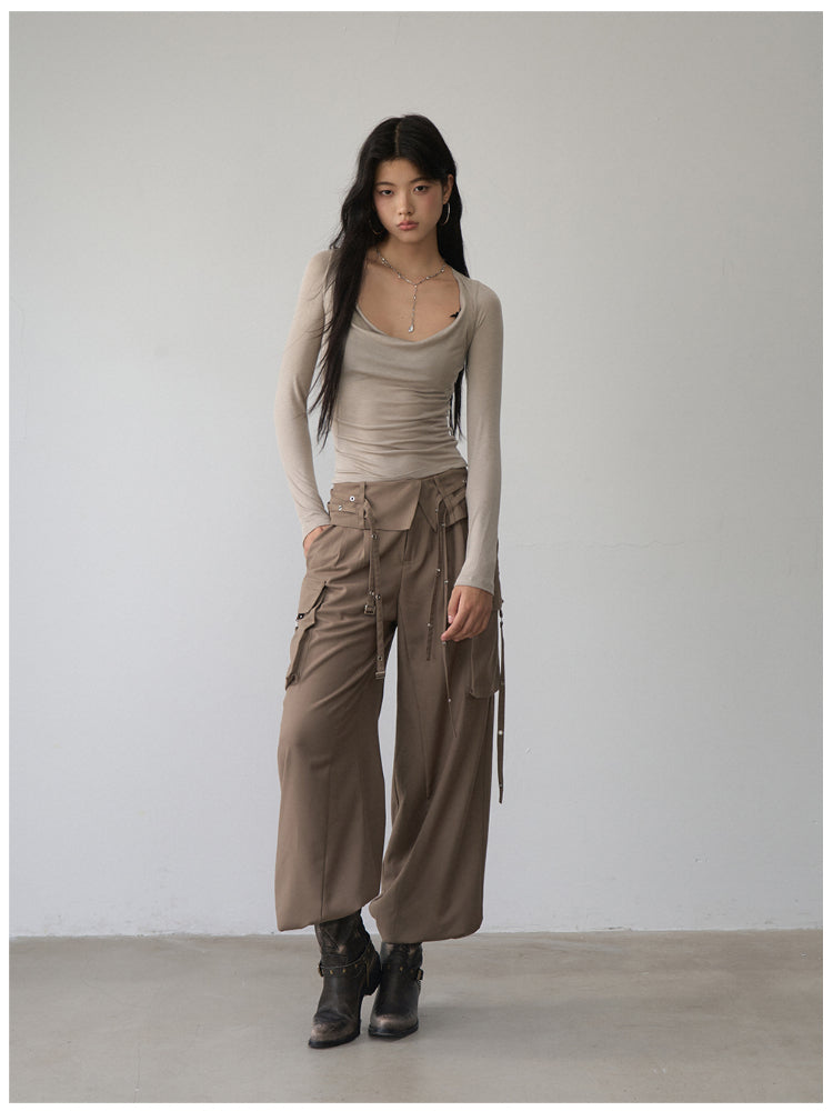 Folded Waist Three-Dimensional Pocket Casual Pants