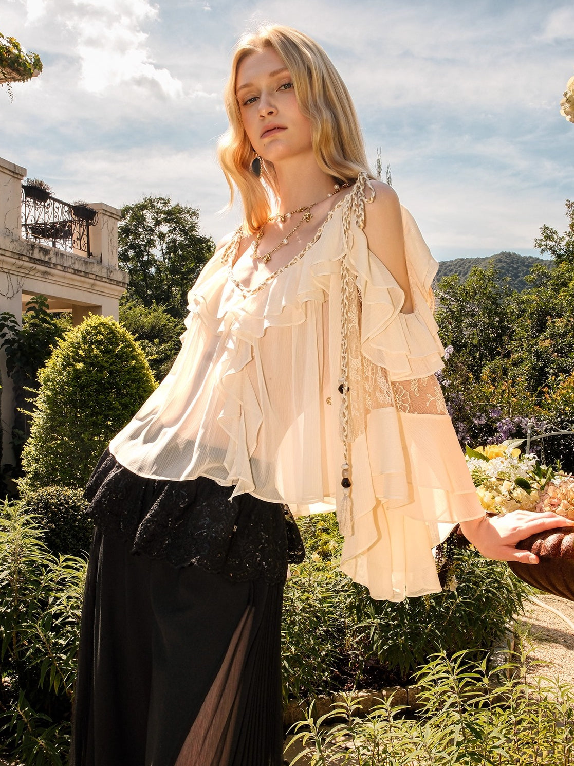 Flowy Chiffon Ruffle V-neck Shirt