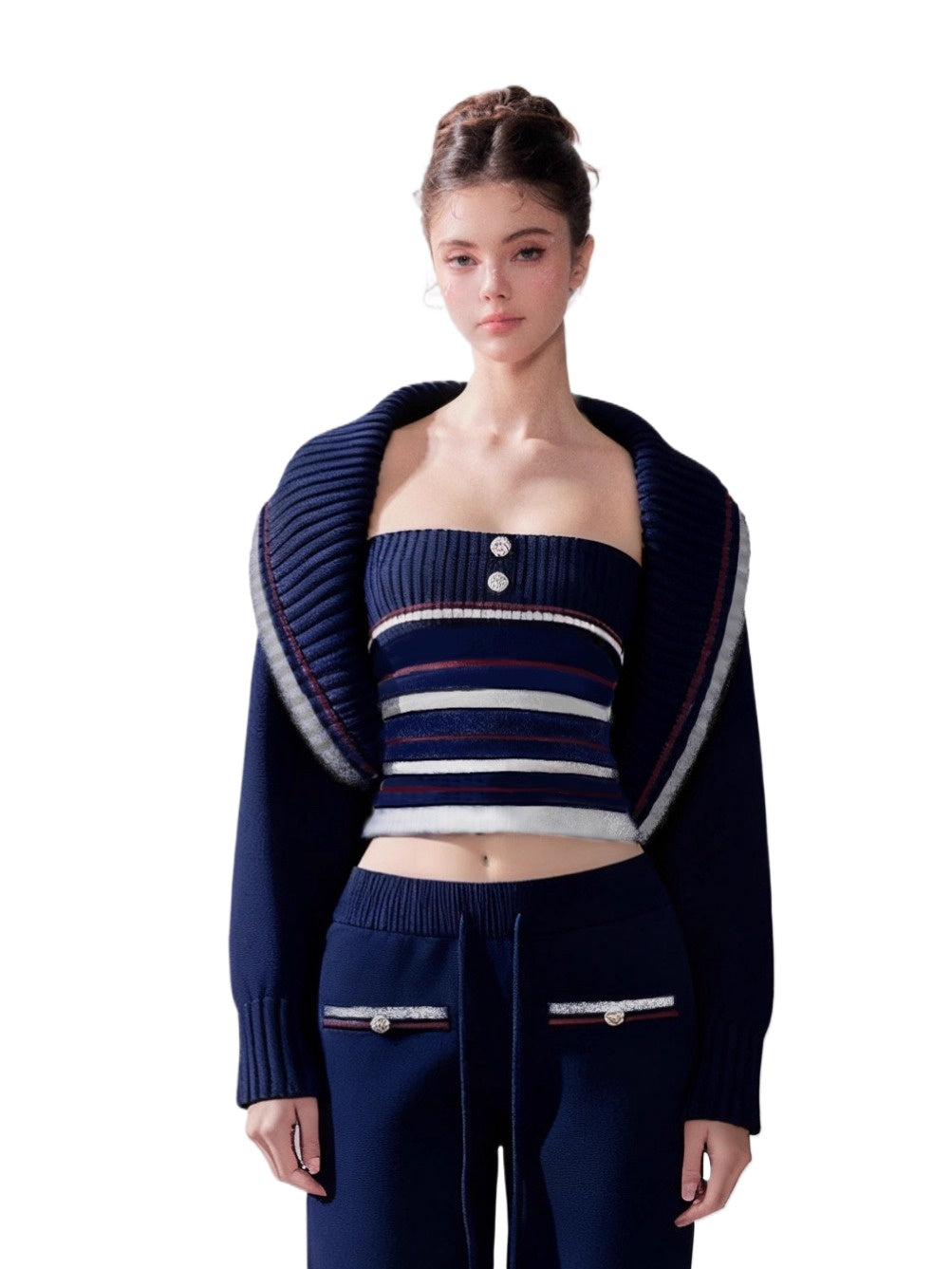 Navy Blue Striped Oversized Collar Knit Cardigan and Pants Set