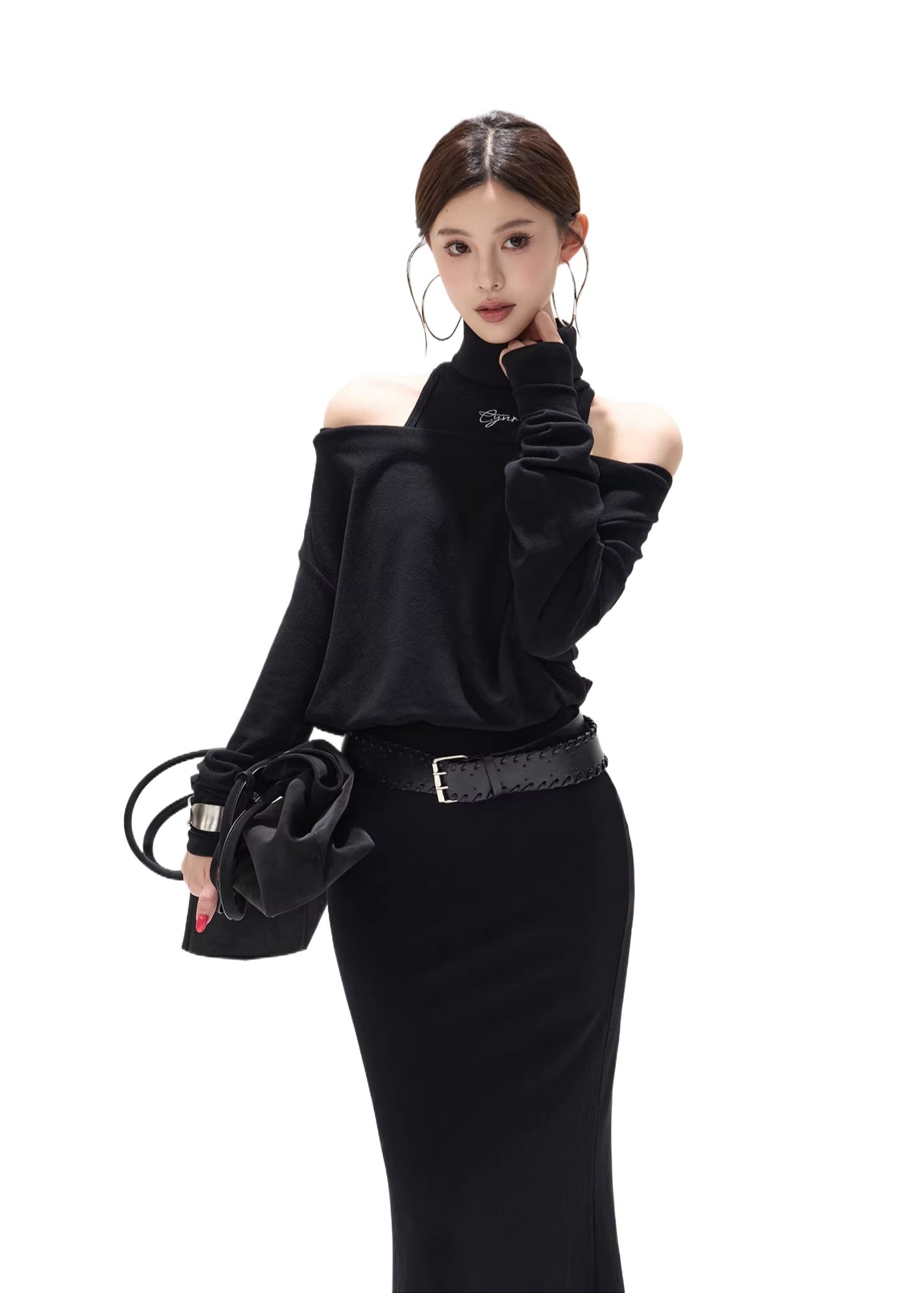 Black Draped Knit High-neck Dress