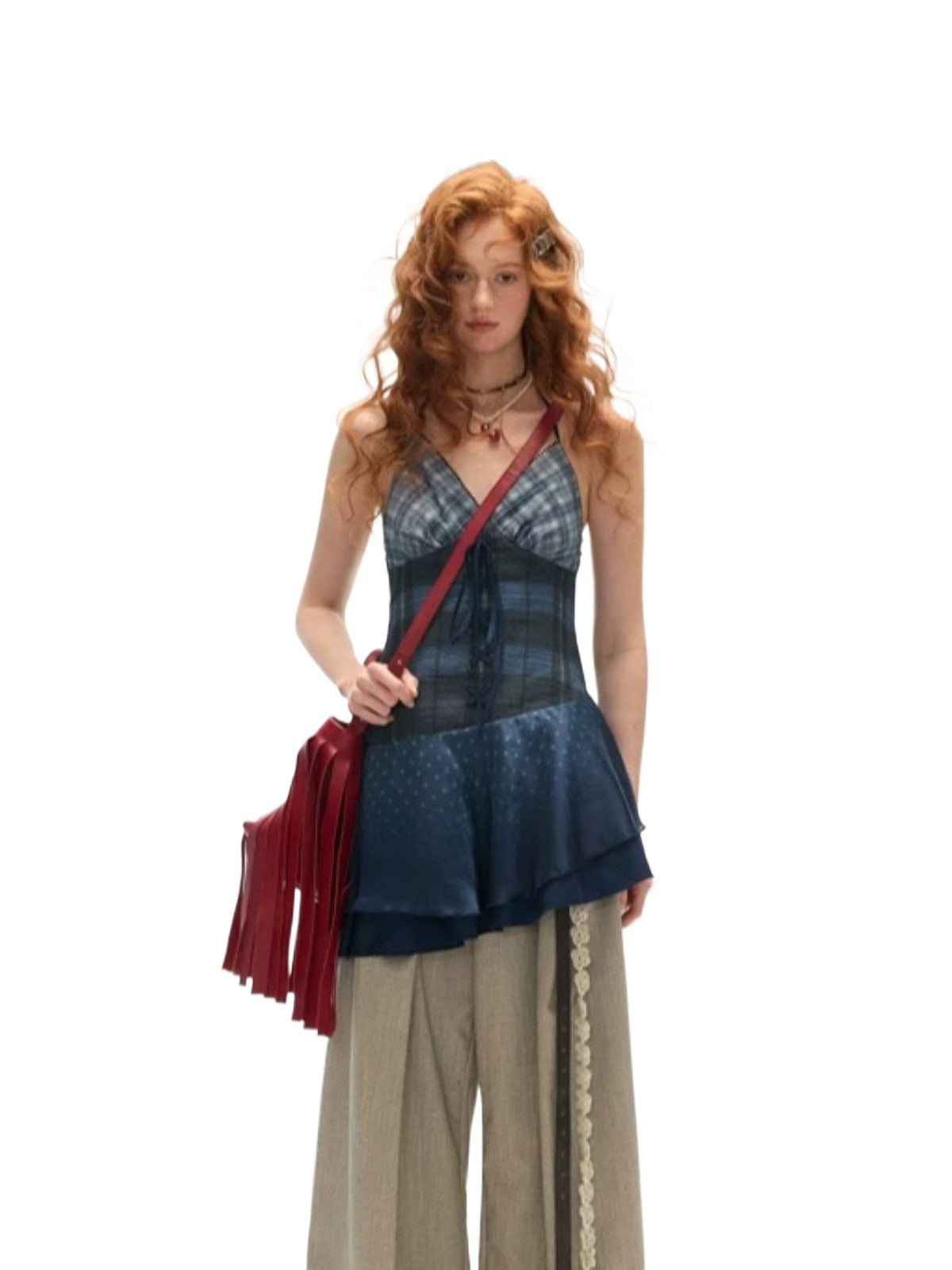 Blue Plaid Patchwork Cami Dress