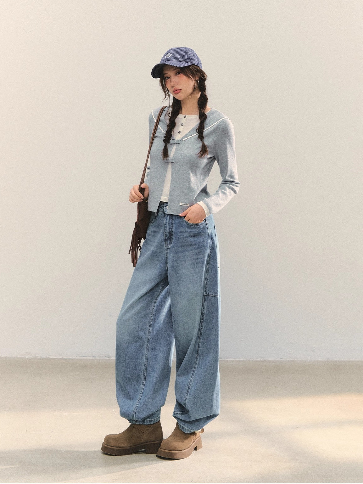 Navy Blue & Gray Sailor-Bow Knit Cardigan