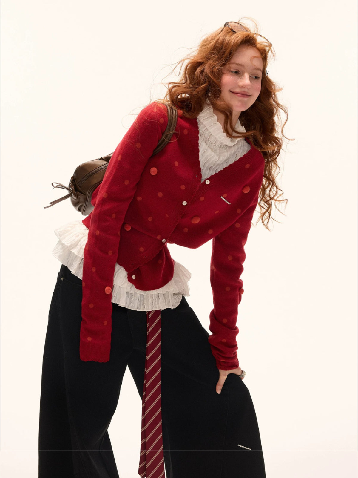 Ruffle High-Neck Slim Long Sleeve Top