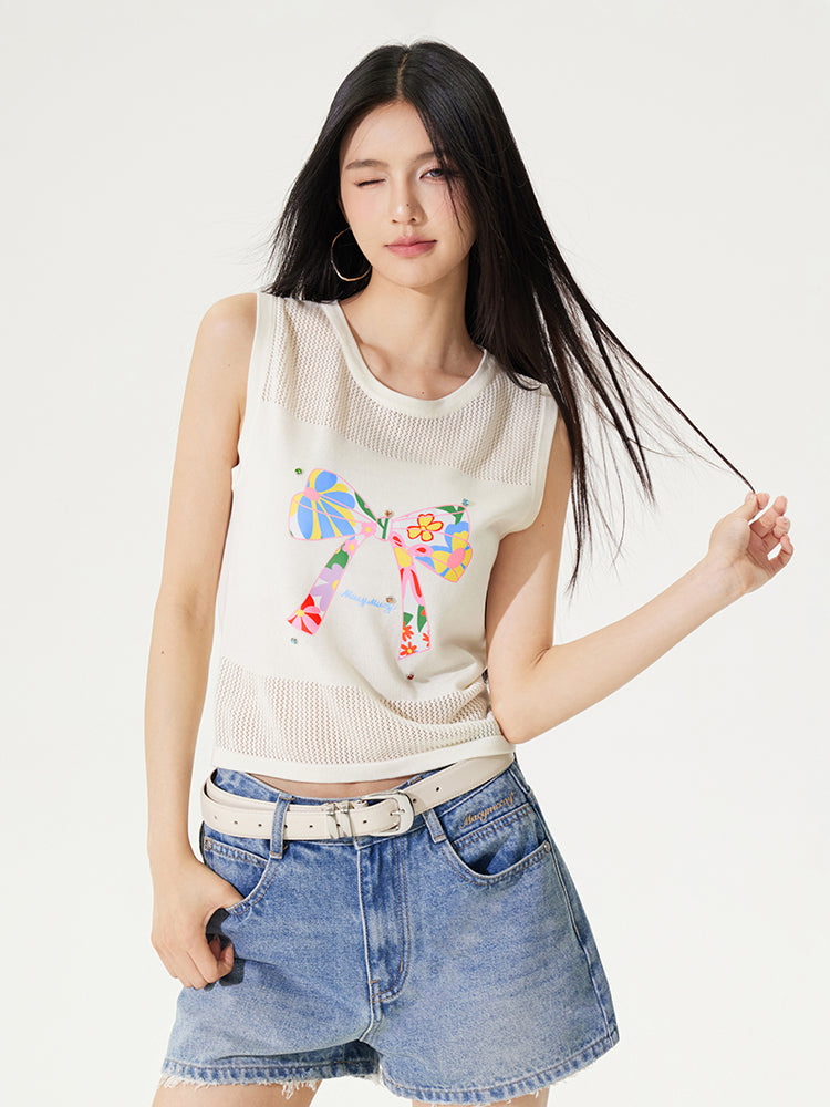 Bowknot Hollow Out Tencel Tank Top