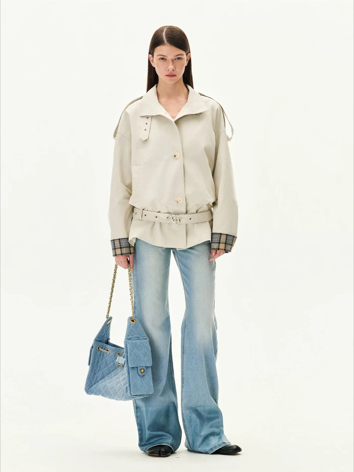 Plaid Contrast Belted Jacket