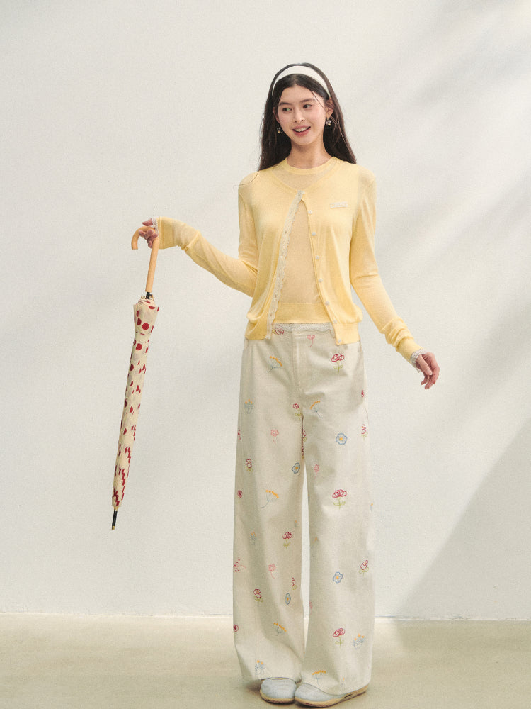 Floral Embroidered Casual Straight-leg Pants