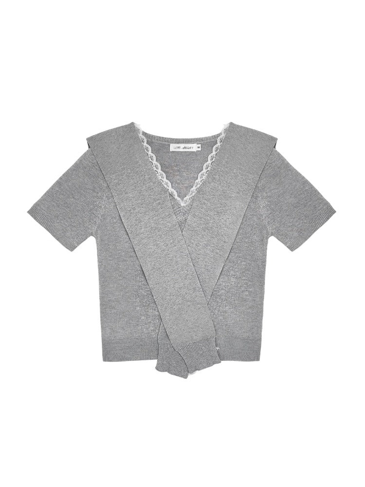 V-neck Lace Knit Short-sleeve T-shirt