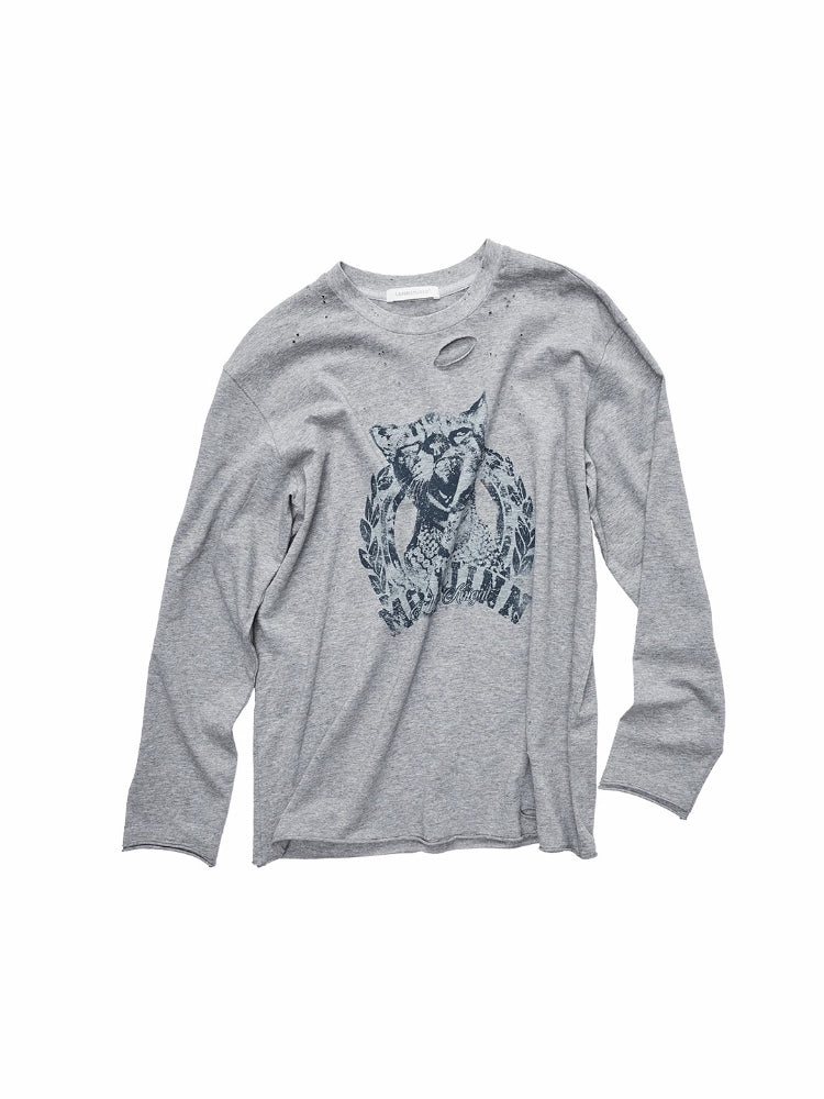 Distressed Cat Graphic Long Sleeve Cotton T-shirt