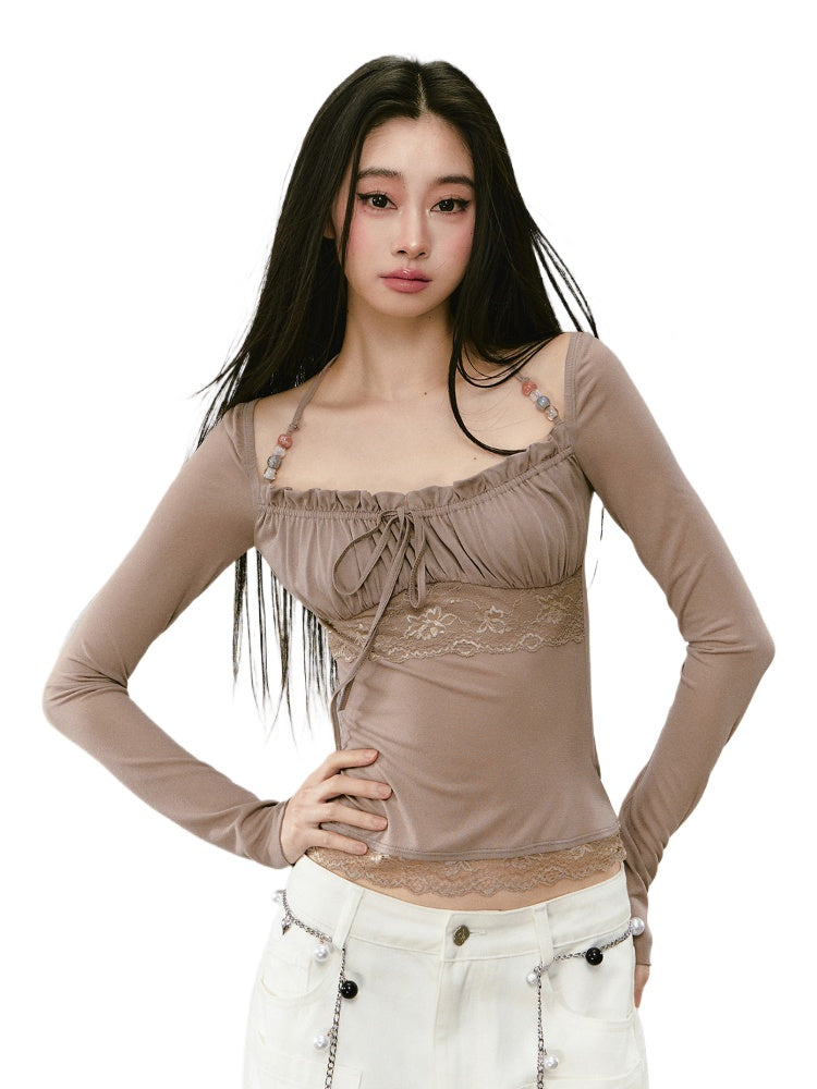 Lace Panel Beaded Acetate T-shirt