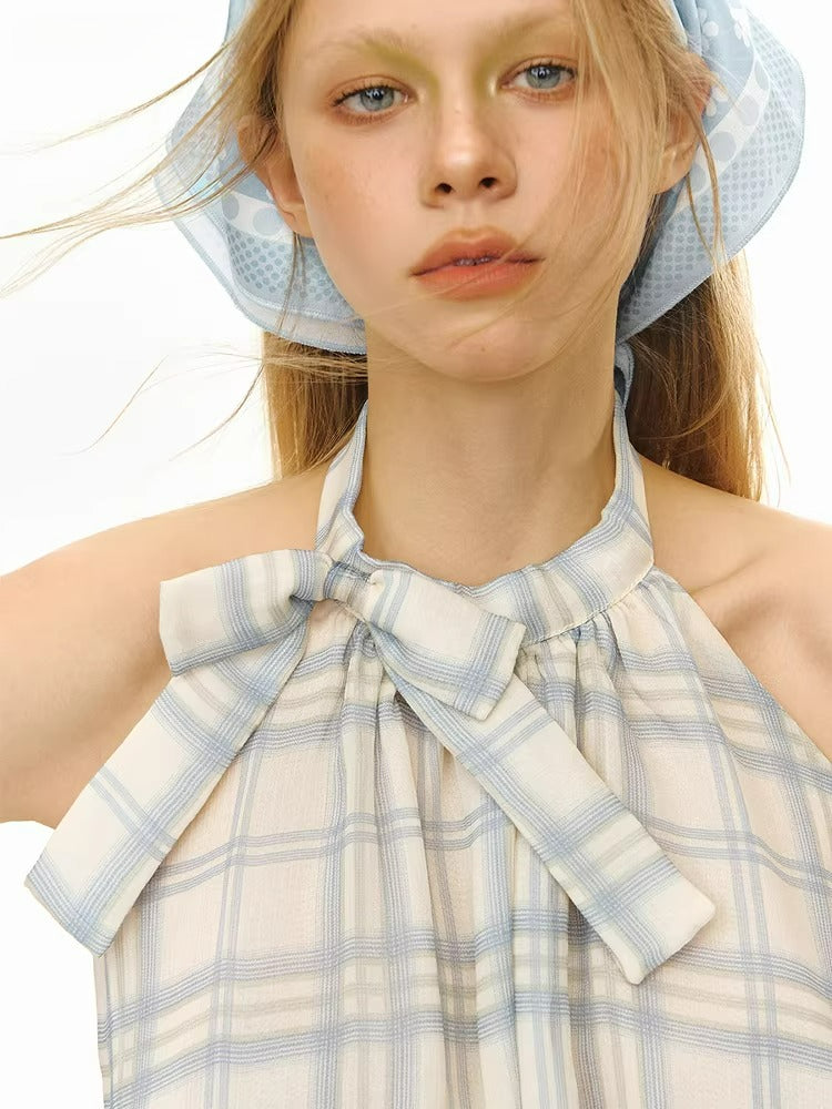 Blue Check Backless Bow Peplum Camisole Top
