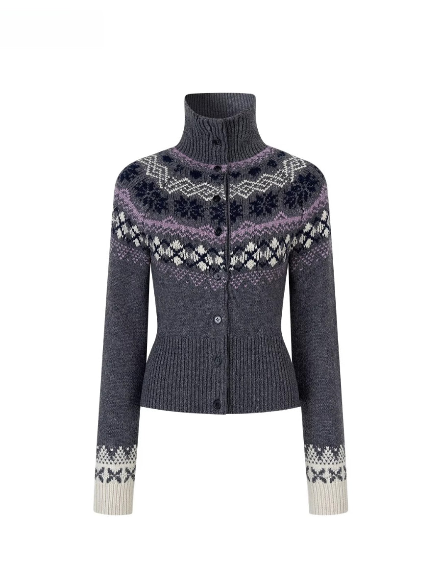Fair Isle Heavy-Duty Knit Turtleneck Cardigan