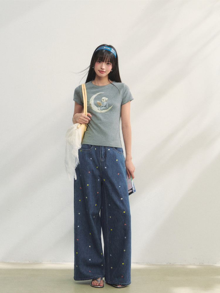 Colorful Floral Embroidered Straight-Leg Jeans