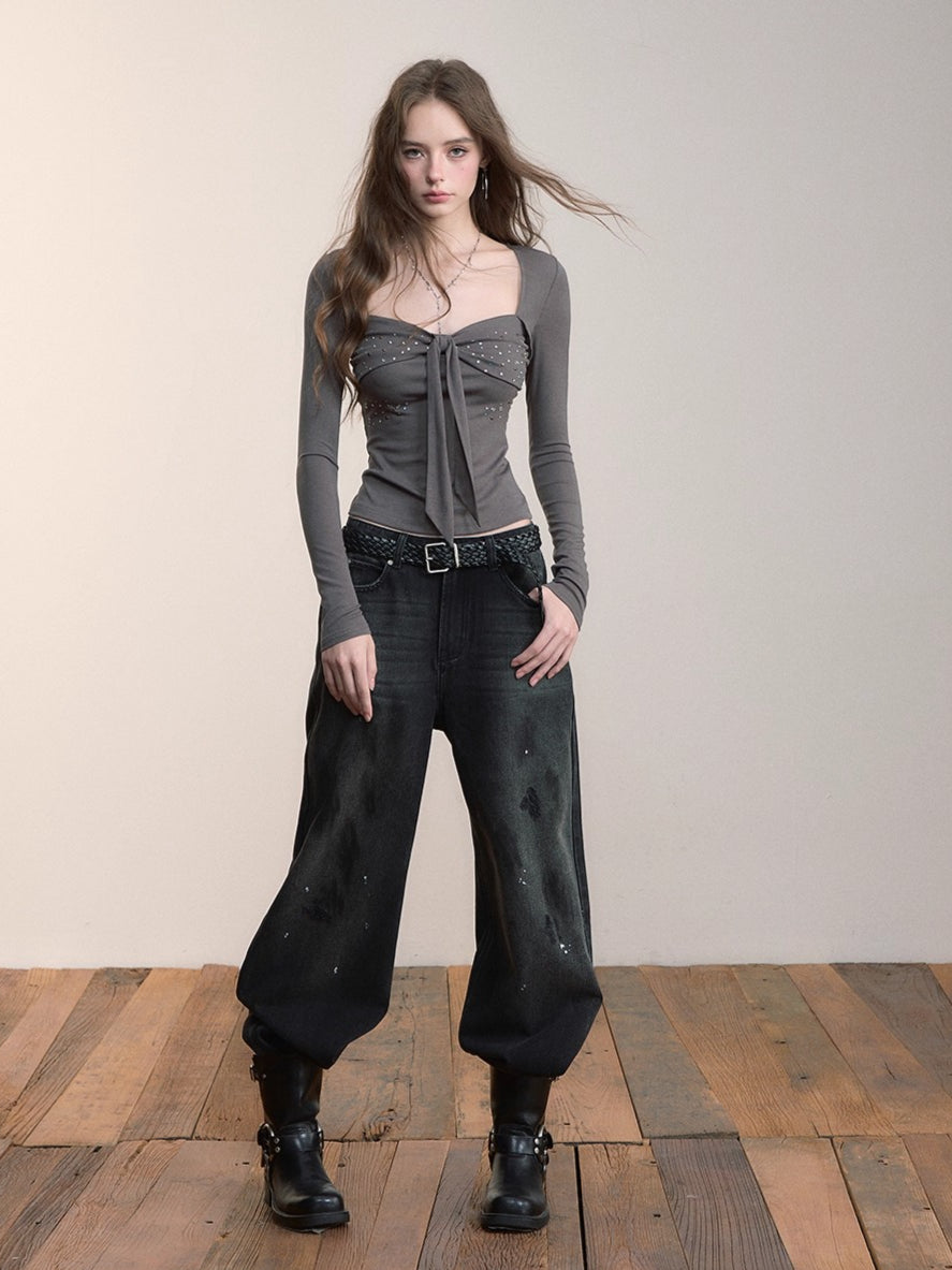 Bow Rhinestone U-neck Blouse