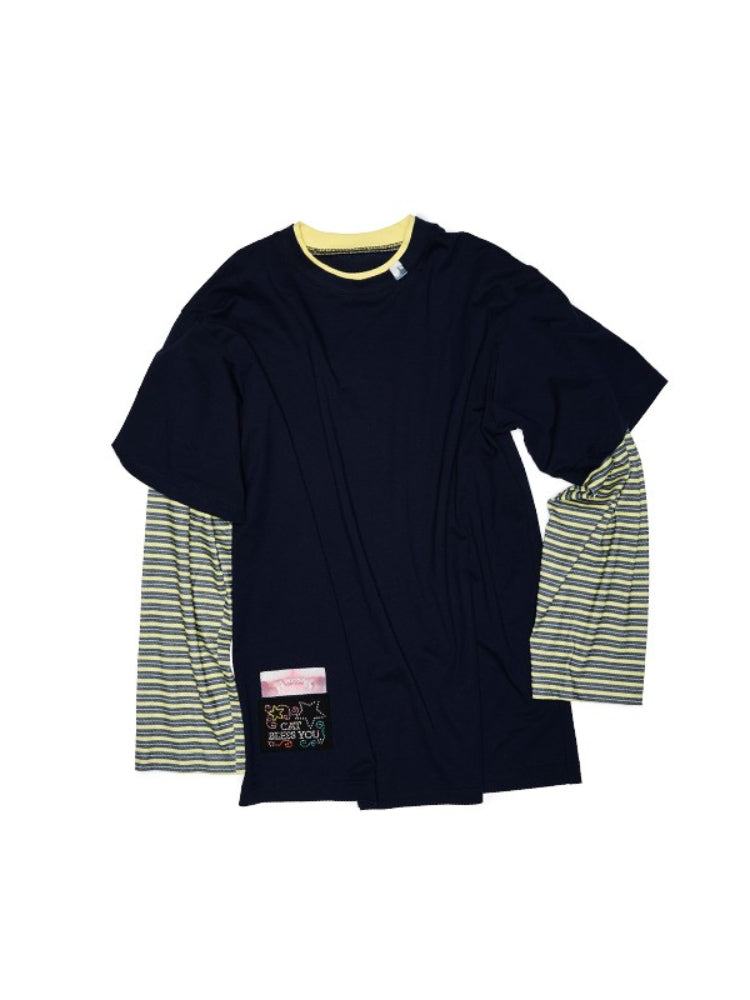 Fake Two-Piece Contrast Color Loose Striped T-Shirt