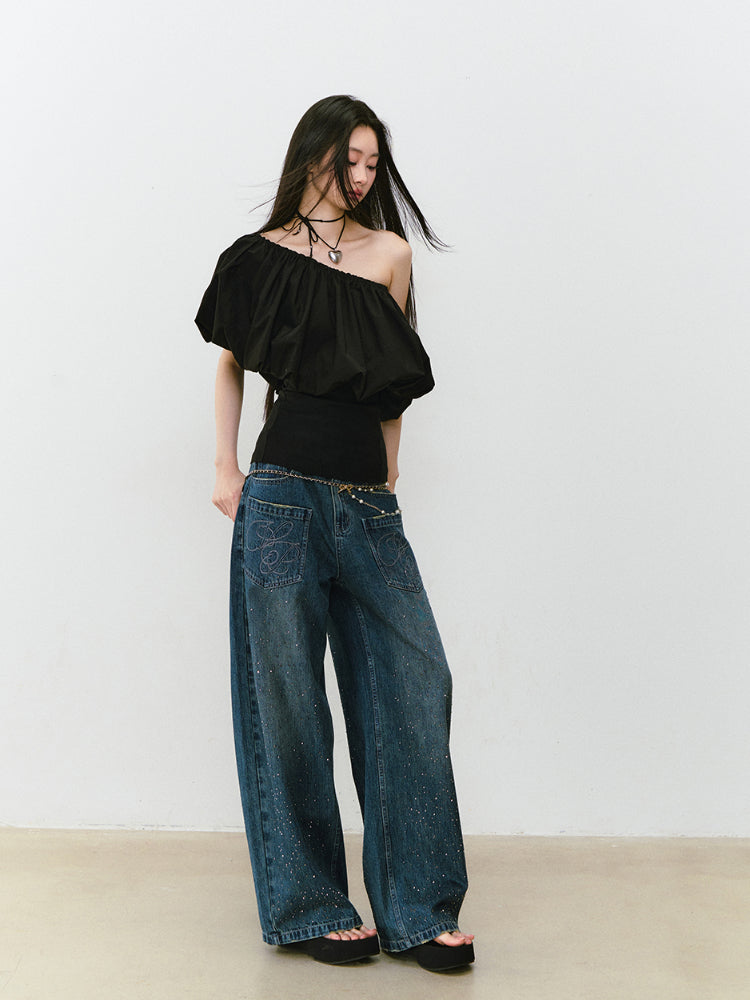3D Rhinestone Wide - leg Denim Pants