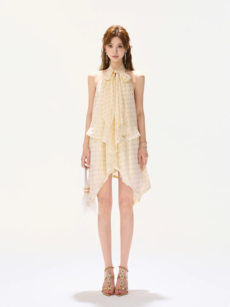 Golden Chiffon Halter Dress