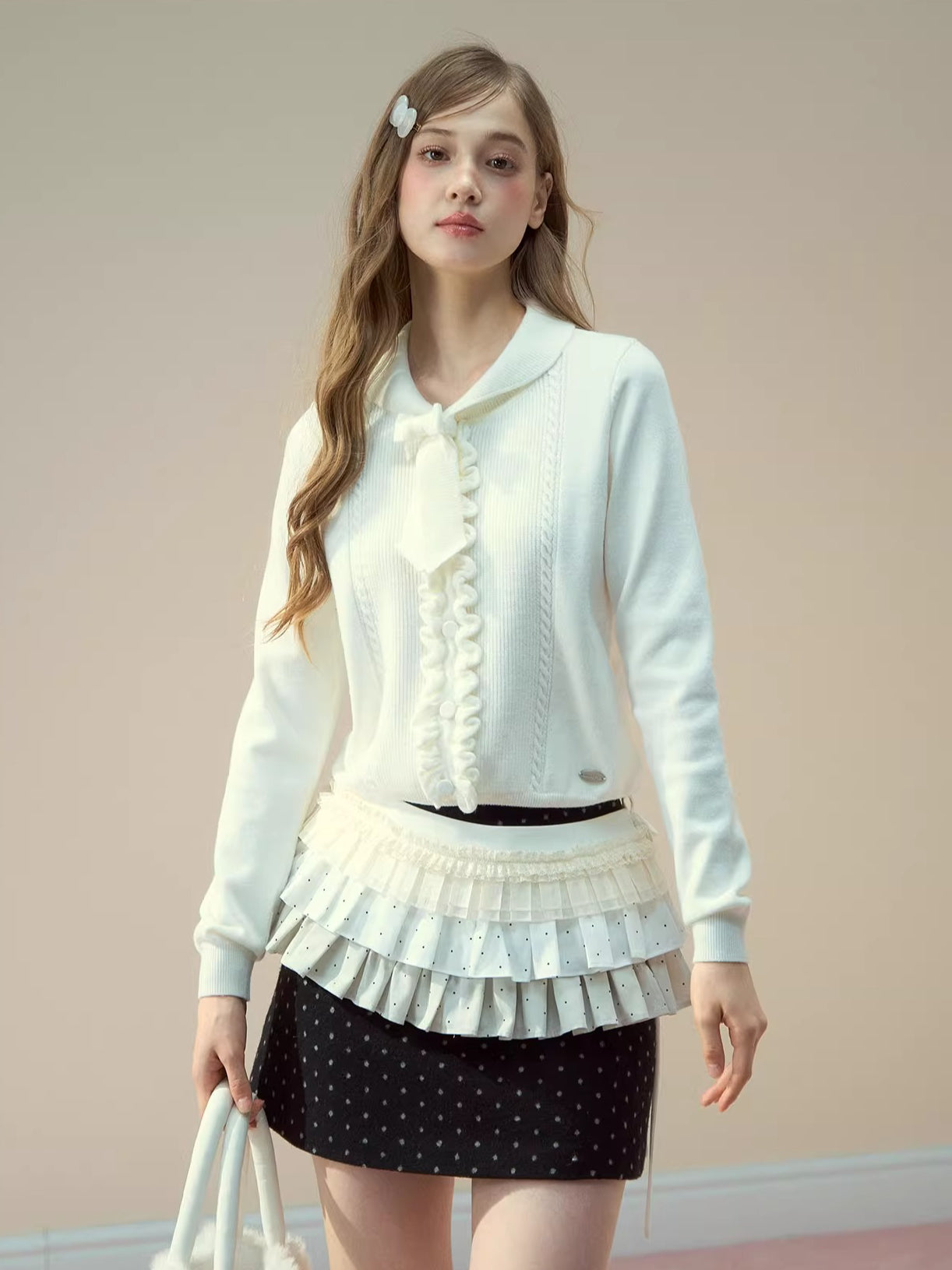 Ruffle-Tie Knit Peter-Pan Collar Sweater