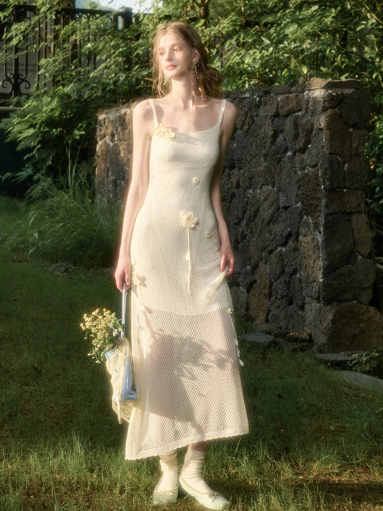 Solid Color Knitted Flower Pure White Dress