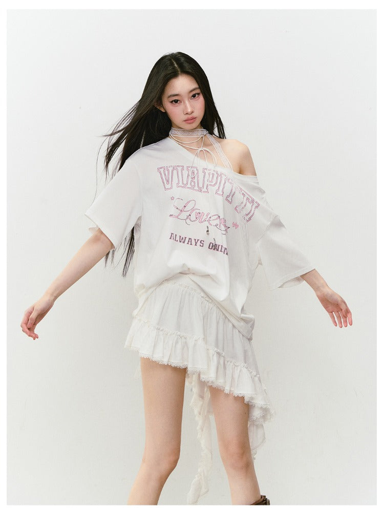 Off-shoulder Letter Hollow-out Spliced T-shirt