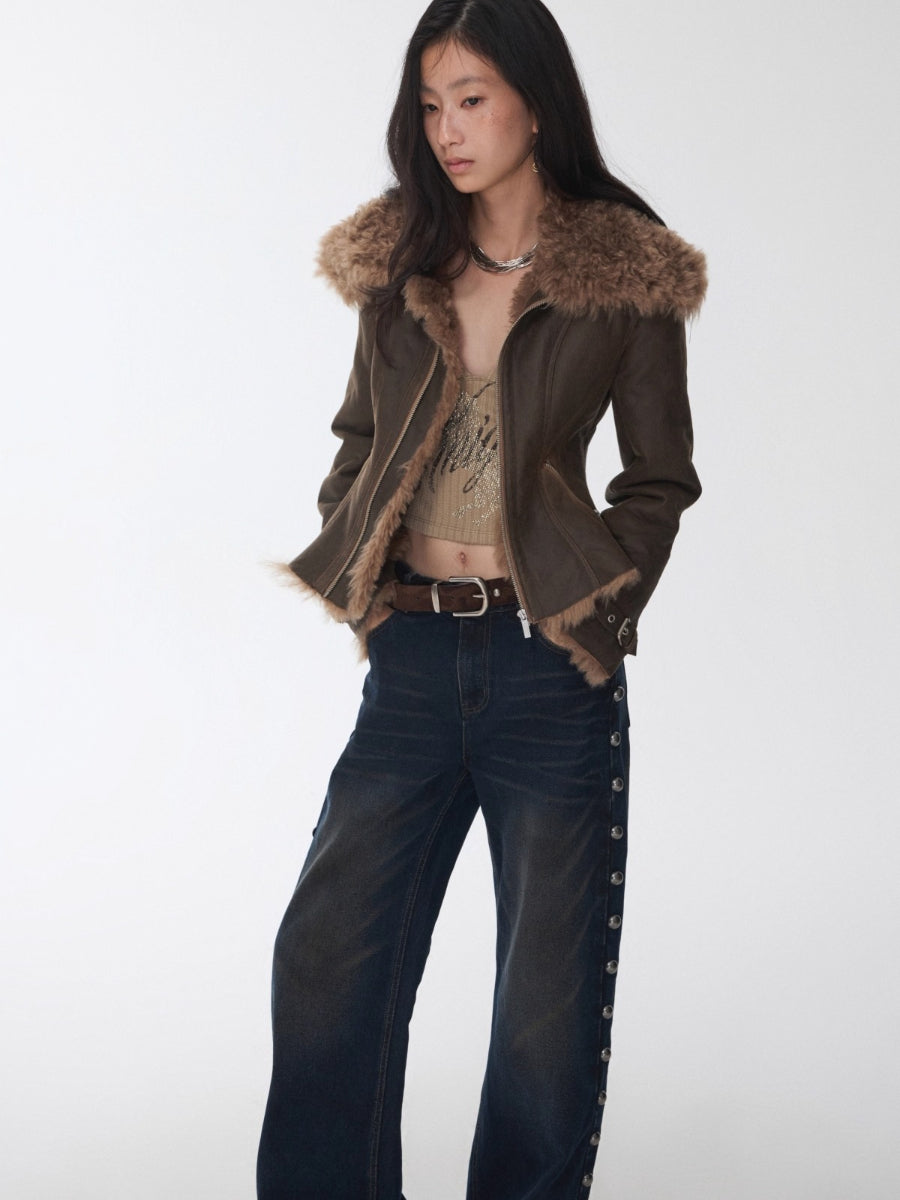 Washed Faux Shearling Fitted Jacket